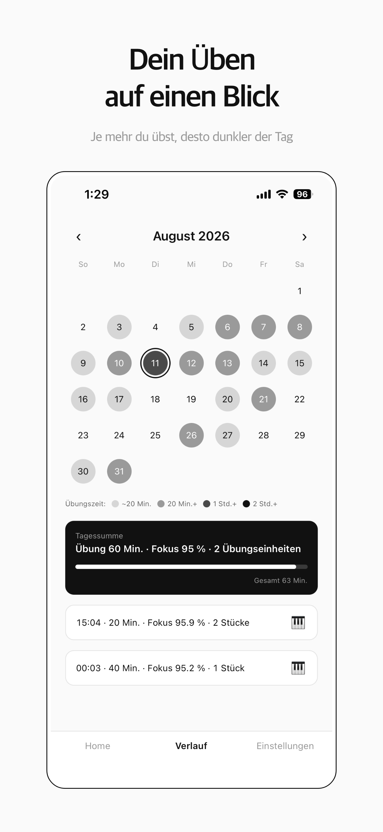 Kalender — deine Übezeit auf einen Blick
